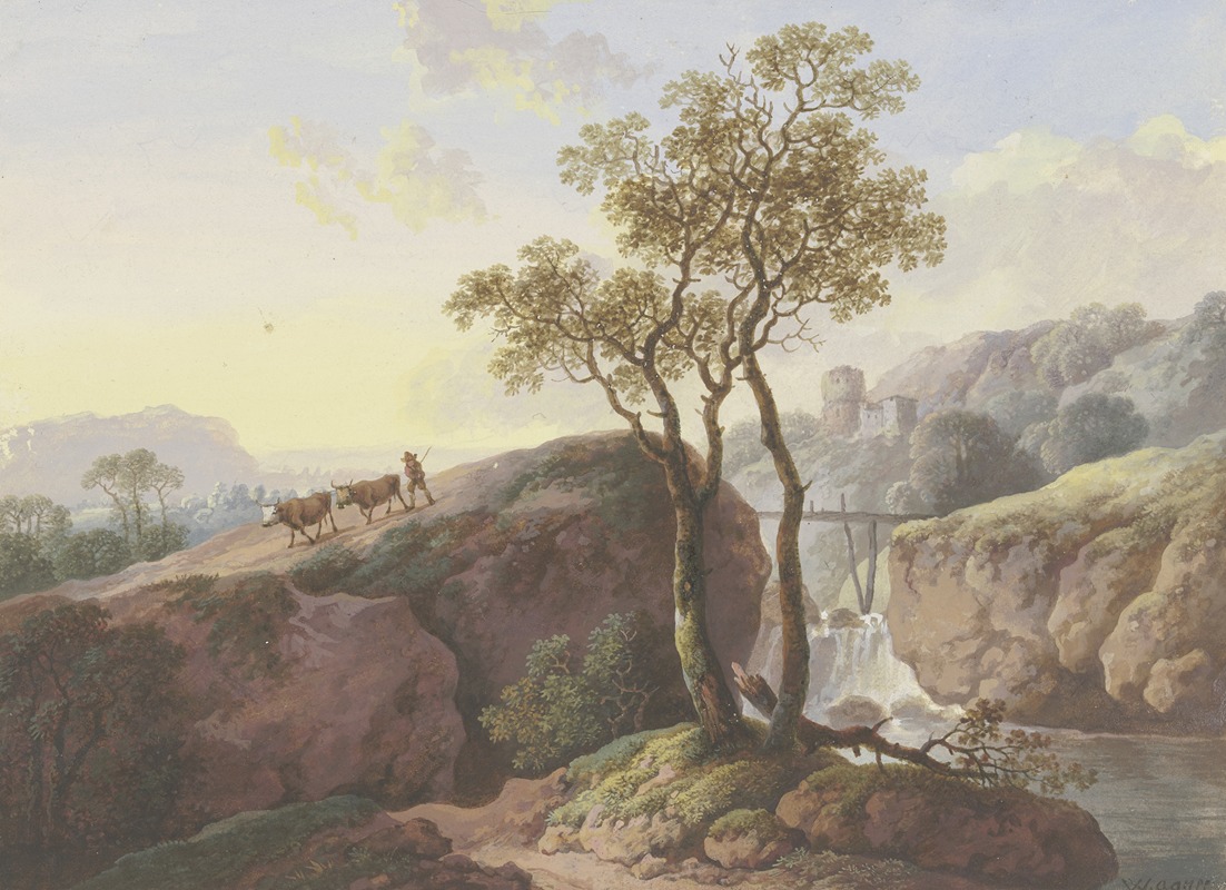 Maria Dorothea Wagner - Landschaft mit einem Wasserfall, über den ein Steg führt, links treibt ein Bauer zwei Kühe zu Tal, im Hintergrund eine Ruine