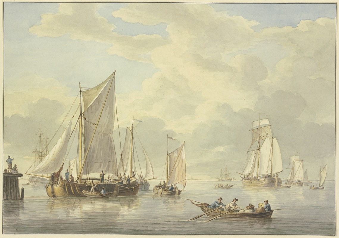 Martinus Schouman - Ruhige See mit vielen Schiffen, vorne ein Boot mit drei Ruderern und einer Frau