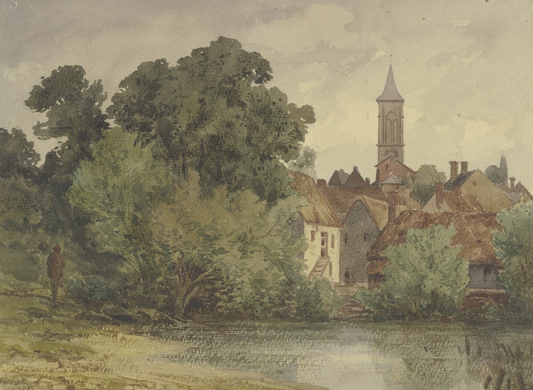 Peter Burnitz - Weiher, dahinter Häuser eines Dorfes mit Kirchturm