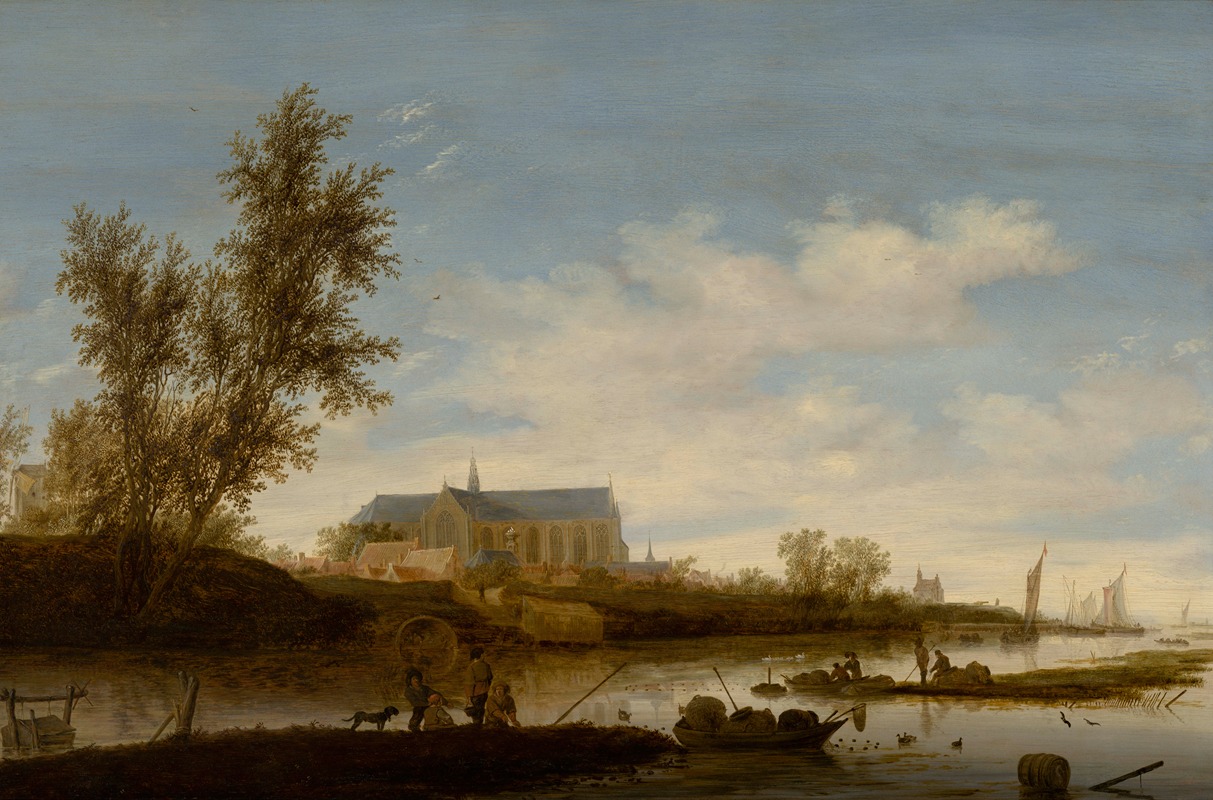 Salomon van Ruysdael - River landscape with fishermen in the foreground, the Laurenskerk in Alkmaar beyond