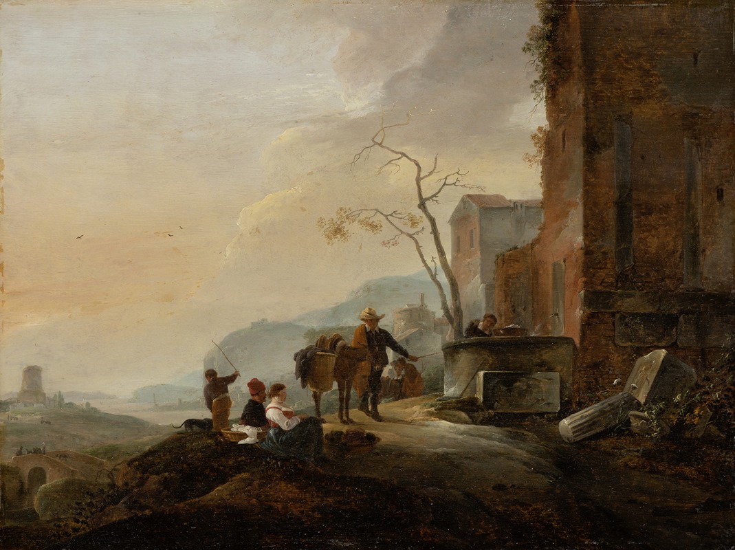 Thomas Wijck - Italian Landscape with Figures at a Fountain among Antique Ruins