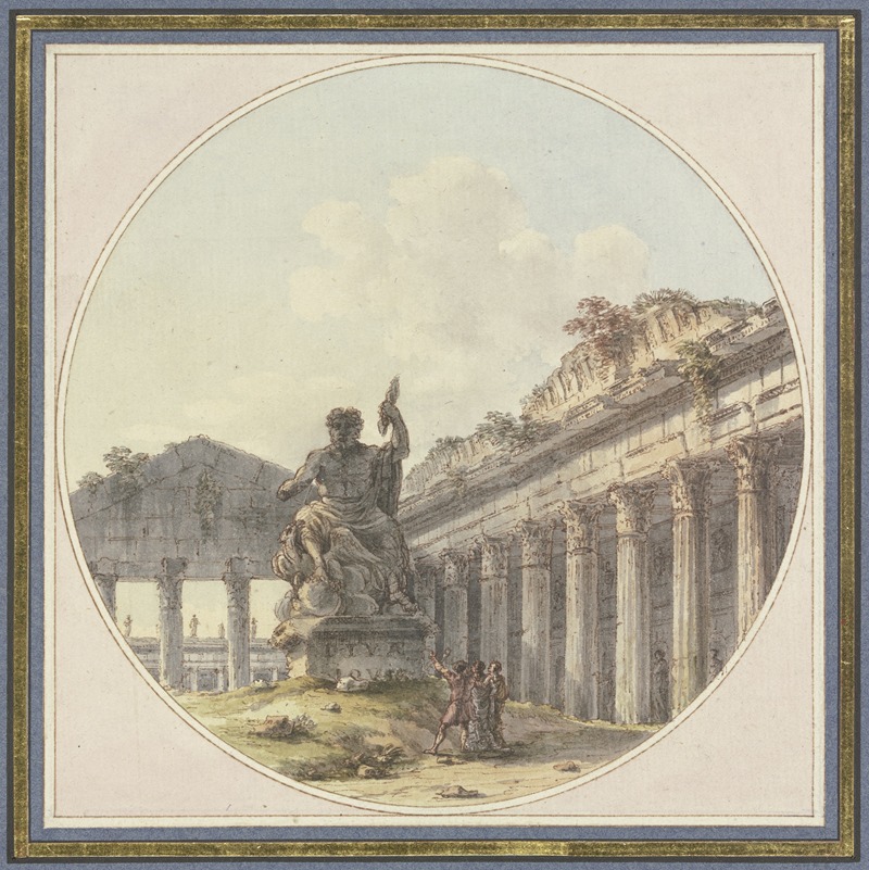 Victor-Jean Nicolle - Architektonisches Capriccio; Inneres einer Tempelruine mit einer Statue des Jupiter tonans und Figurenstaffage