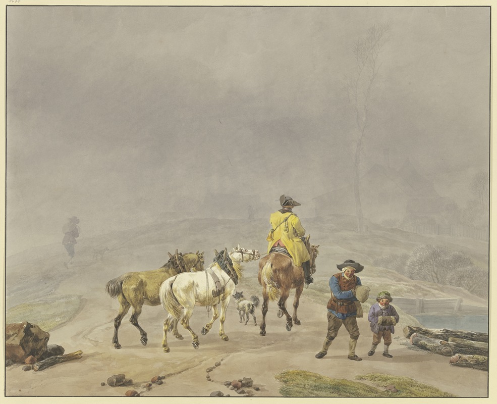Wilhelm von Kobell - Reitender Postillion mit zwei Handpferden in winterlicher Landschaft
