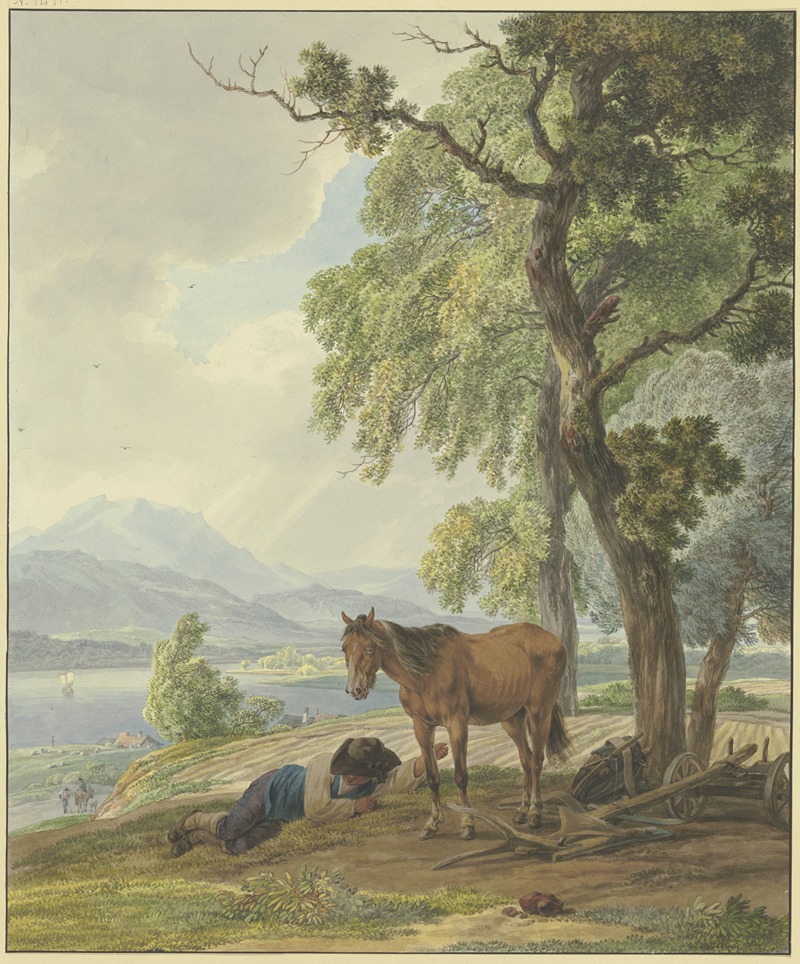 Wilhelm von Kobell - Ruhender Bauer mit seinem Pferd neben dem gepflügten Acker