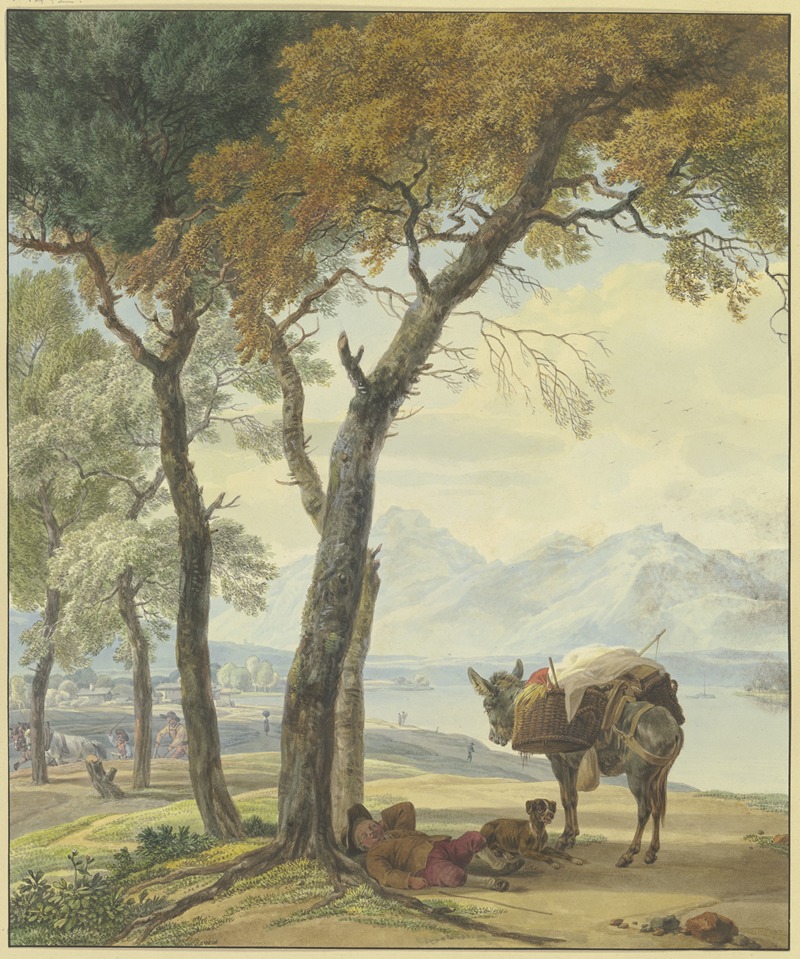 Wilhelm von Kobell - Schlafender Eseltreiber unter einer Baum an einem See
