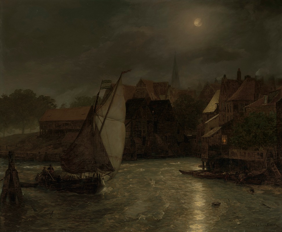 Andreas Achenbach - Boats on a canal, moonlight