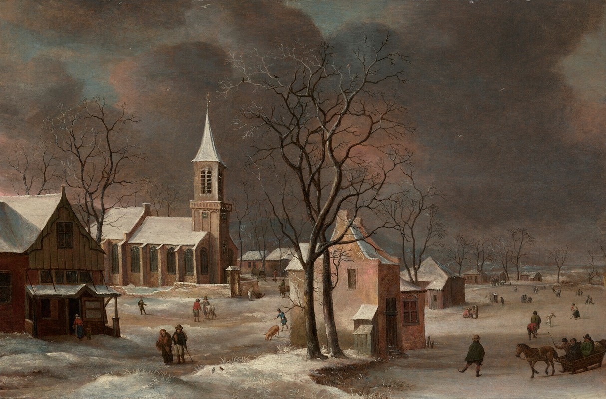 Anthonie Beerstraaten - A winter landscape, with iceskaters and a church beyond