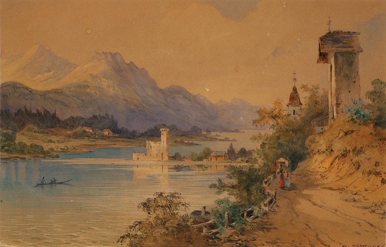 Anton Altmann the younger - A view of Lake Wolfgang with the light-house