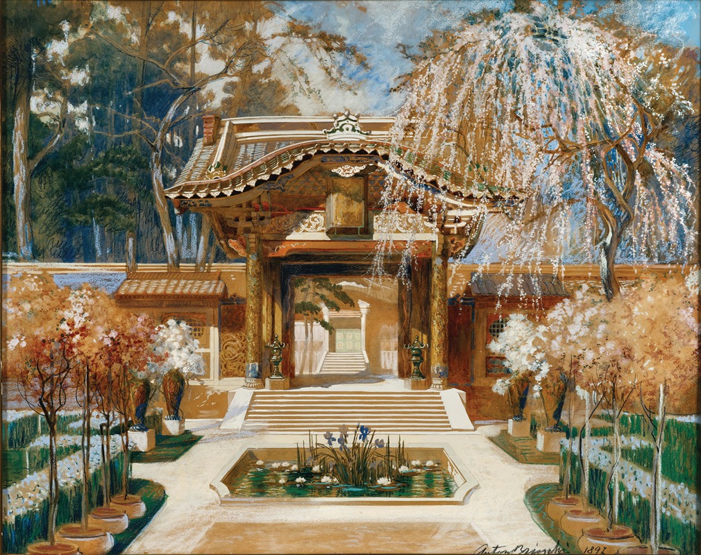 Anton Brioschi - Japanese temple and a blooming tree, stage design