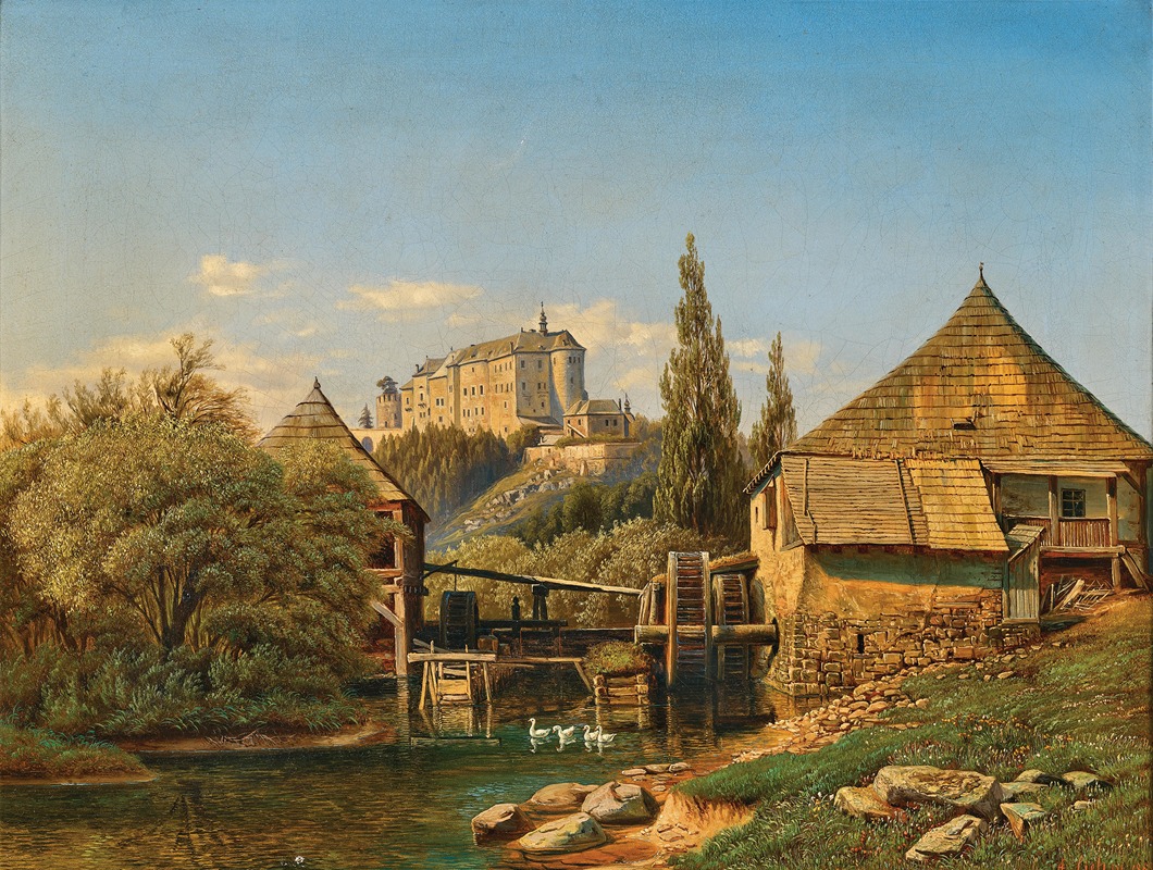 Anton Liehm - A View of a Weir in the Sázava River, in the Background Český Šternberk Castle