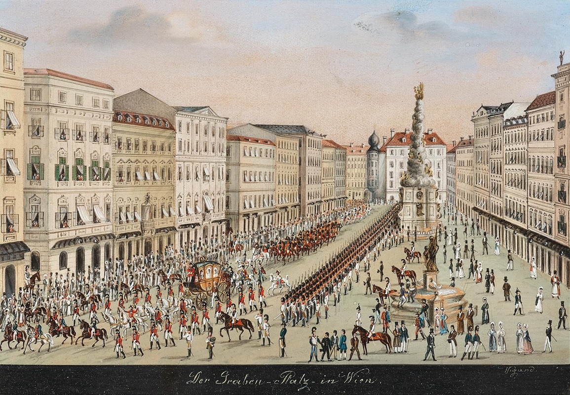 Balthasar Wigand - Graben in Vienna with Plague Column, an Imperial coach and a military event