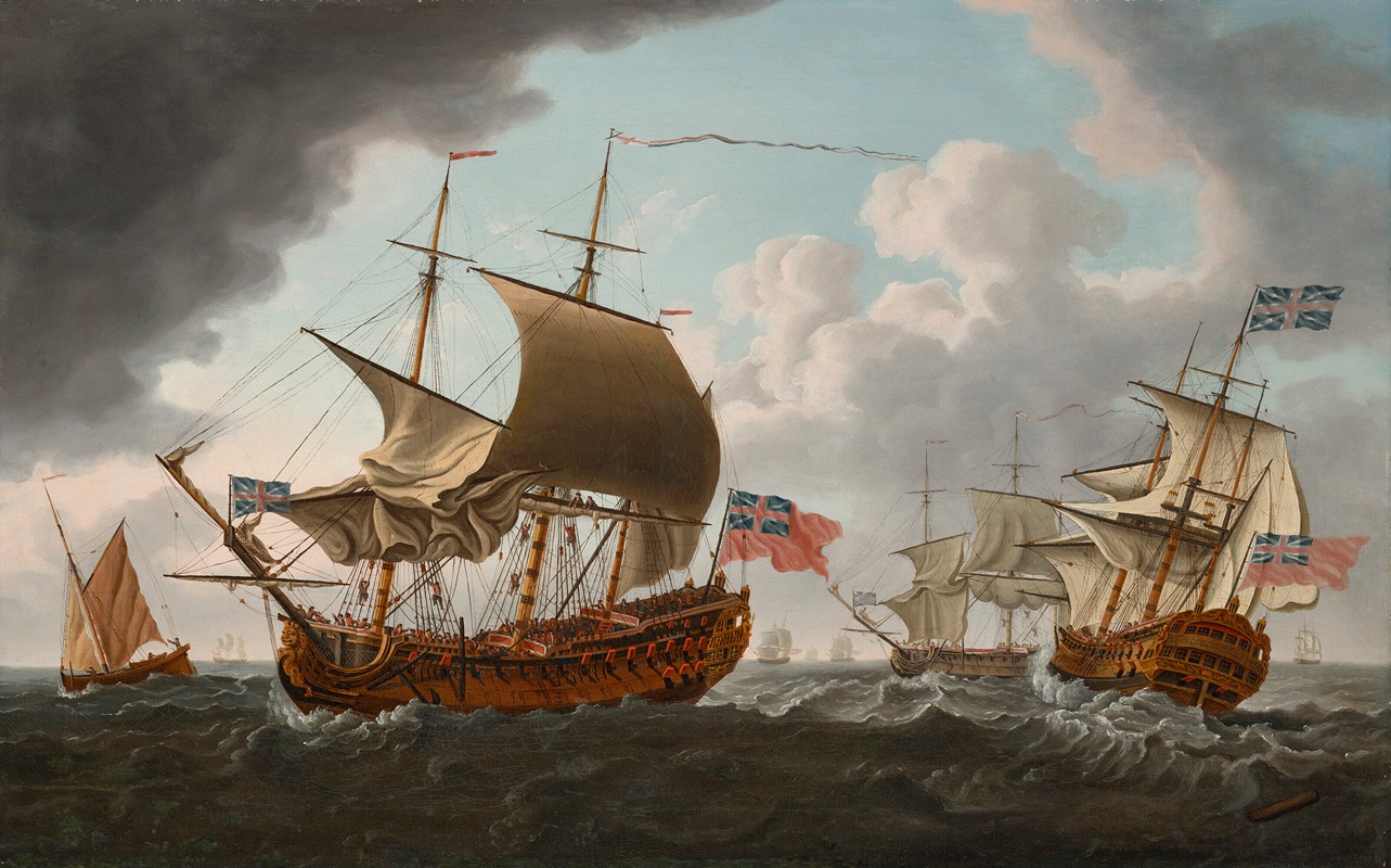 Francis Swaine - A British warship in three positions in the Channel