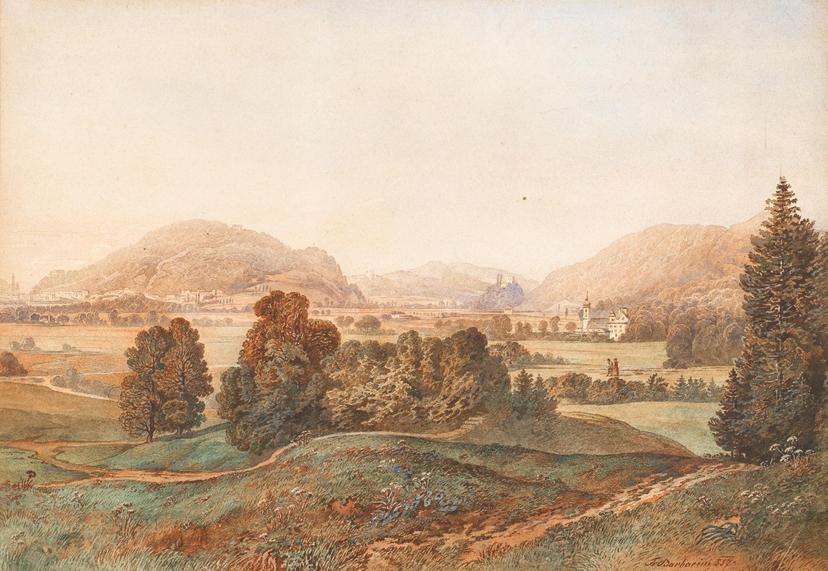 Franz Barbarini - A landscape with church and Aigen castle seen from south east