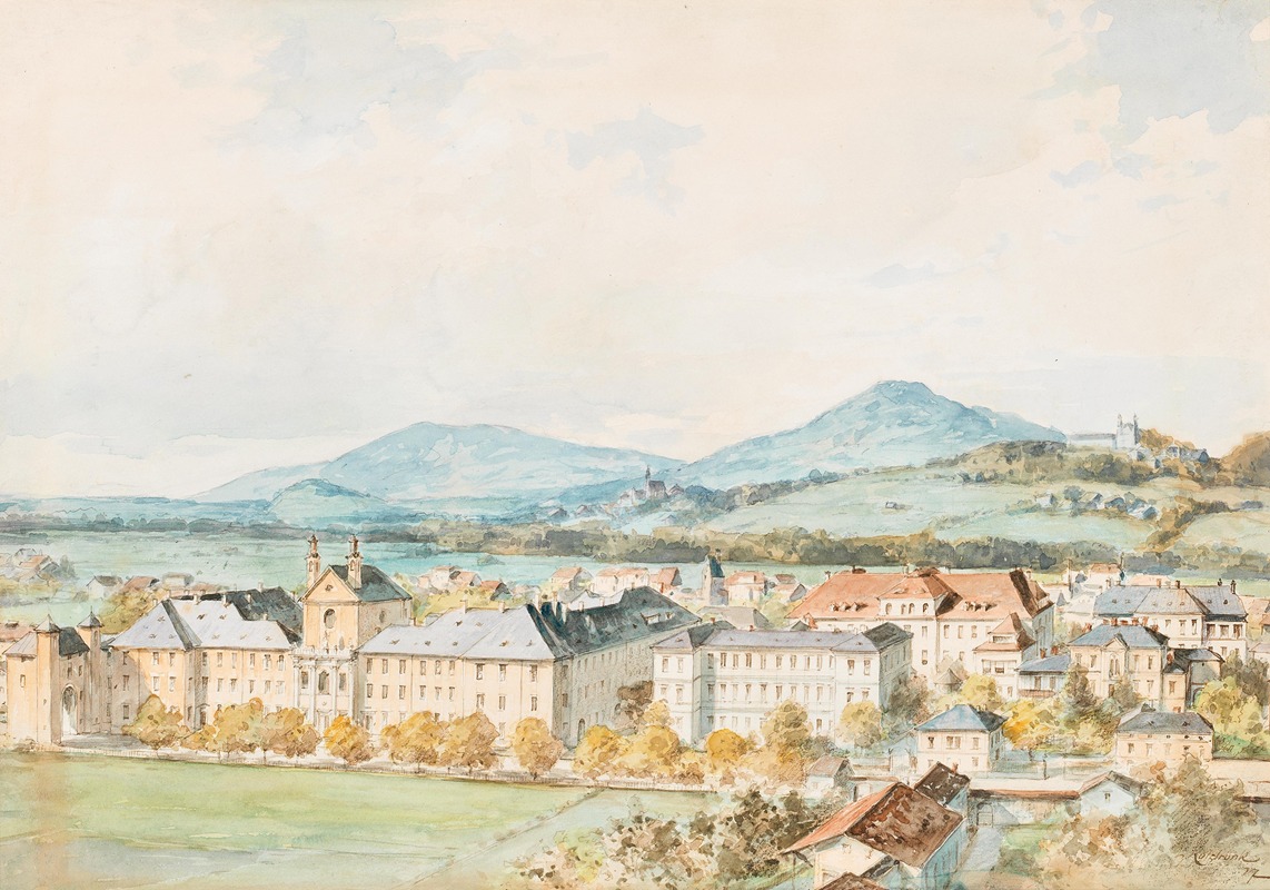 Franz Kulstrunk - A view of Salzburg; Salzach river in the foreground with the old St- John’s Hospital, the church of St. John and Mülleggertor