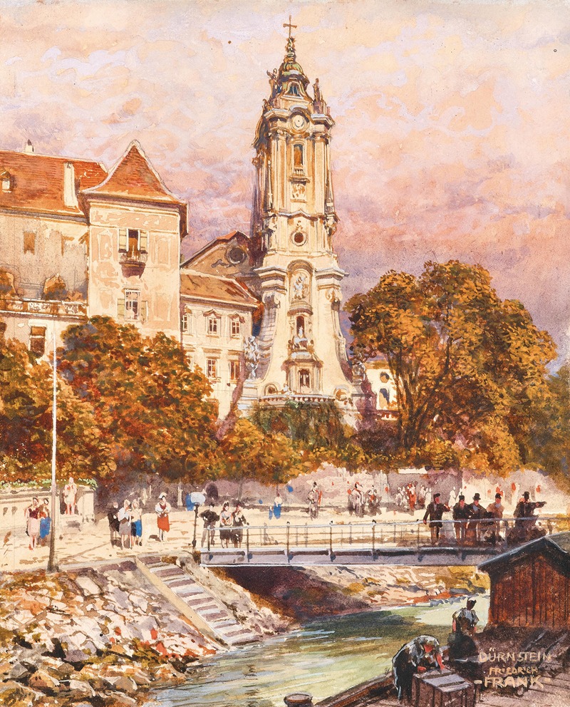 Friedrich Frank - A view of Dürnstein monastery, the shipping pier in the foreground