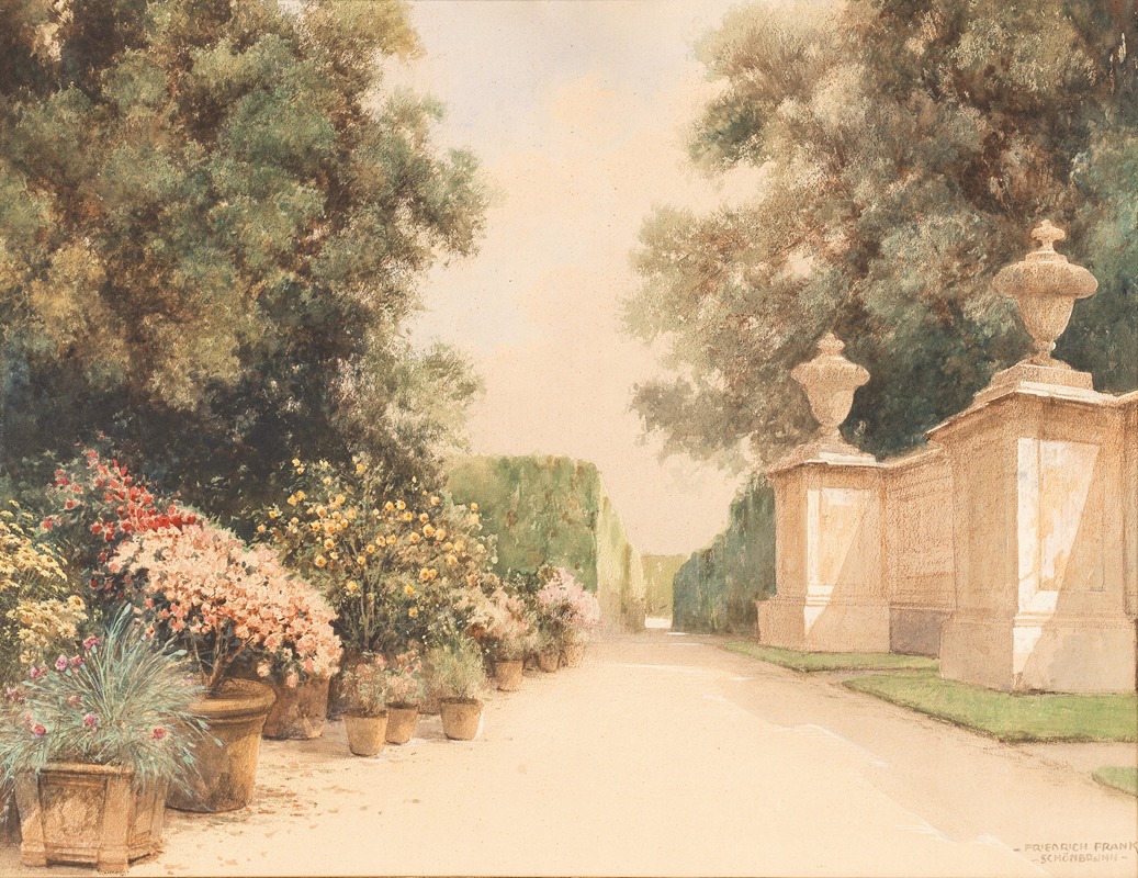 Friedrich Frank - An alley in the Grand Parterre, flower pots and part of a wall in Schönbrunn park