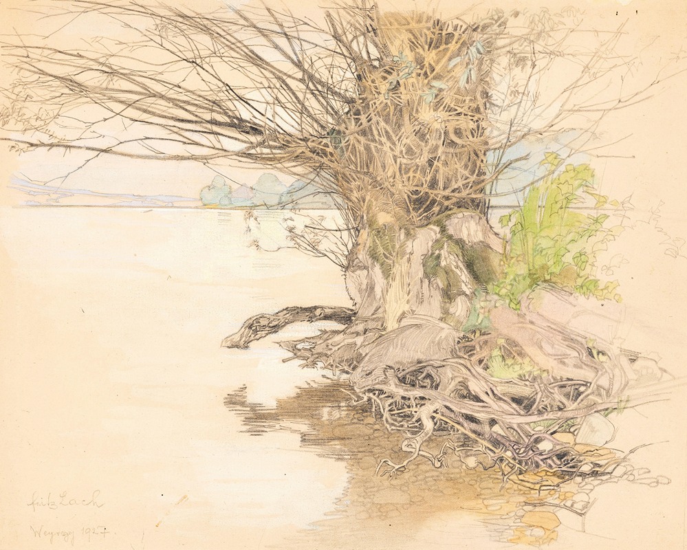 Fritz Lach - A willow tree at the lake shore