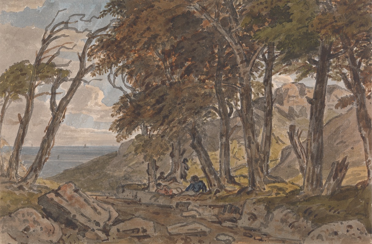 George Barret Jr. - Figures on the Bank of a Wooded Lane, with Sea in Distance Left