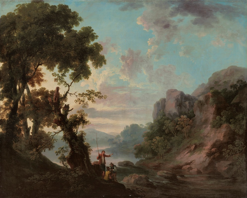 George Barret - A wooded landscape with a lake, anglers in the foreground