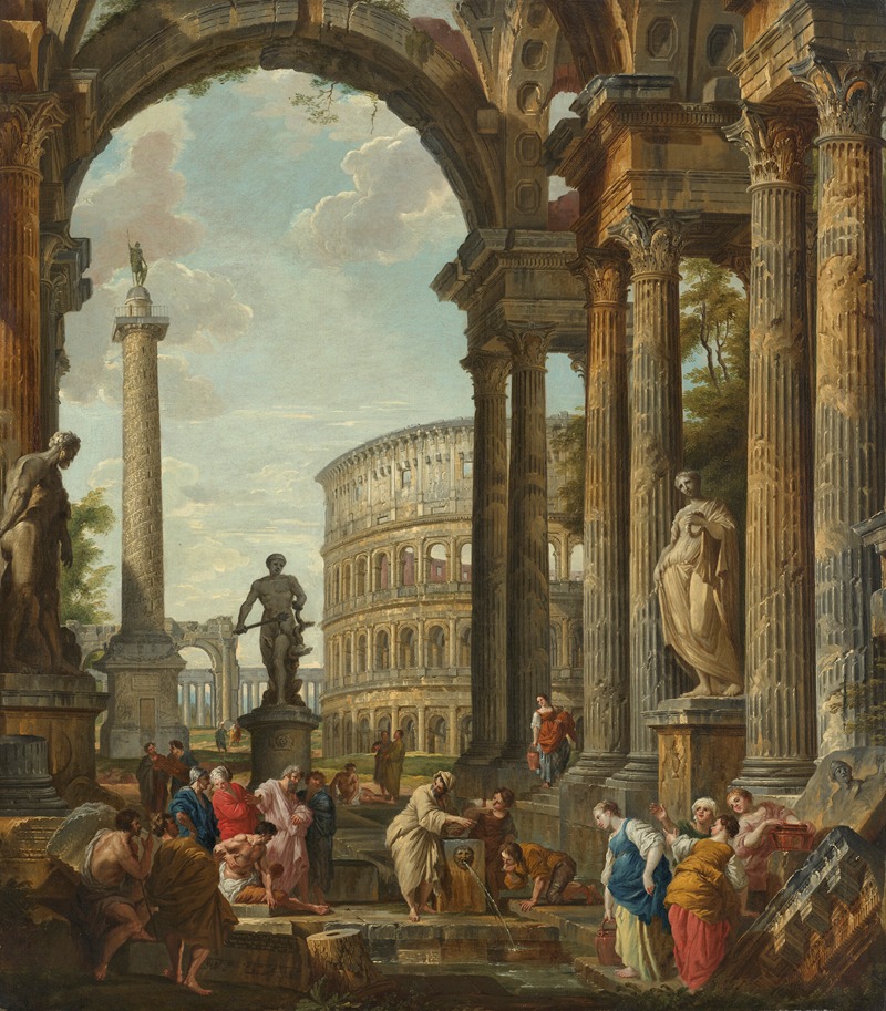 Giovanni Paolo Panini - A classical capriccio with the Colosseum, Trajan’s column and the Farnese Hercules, with the Philosopher