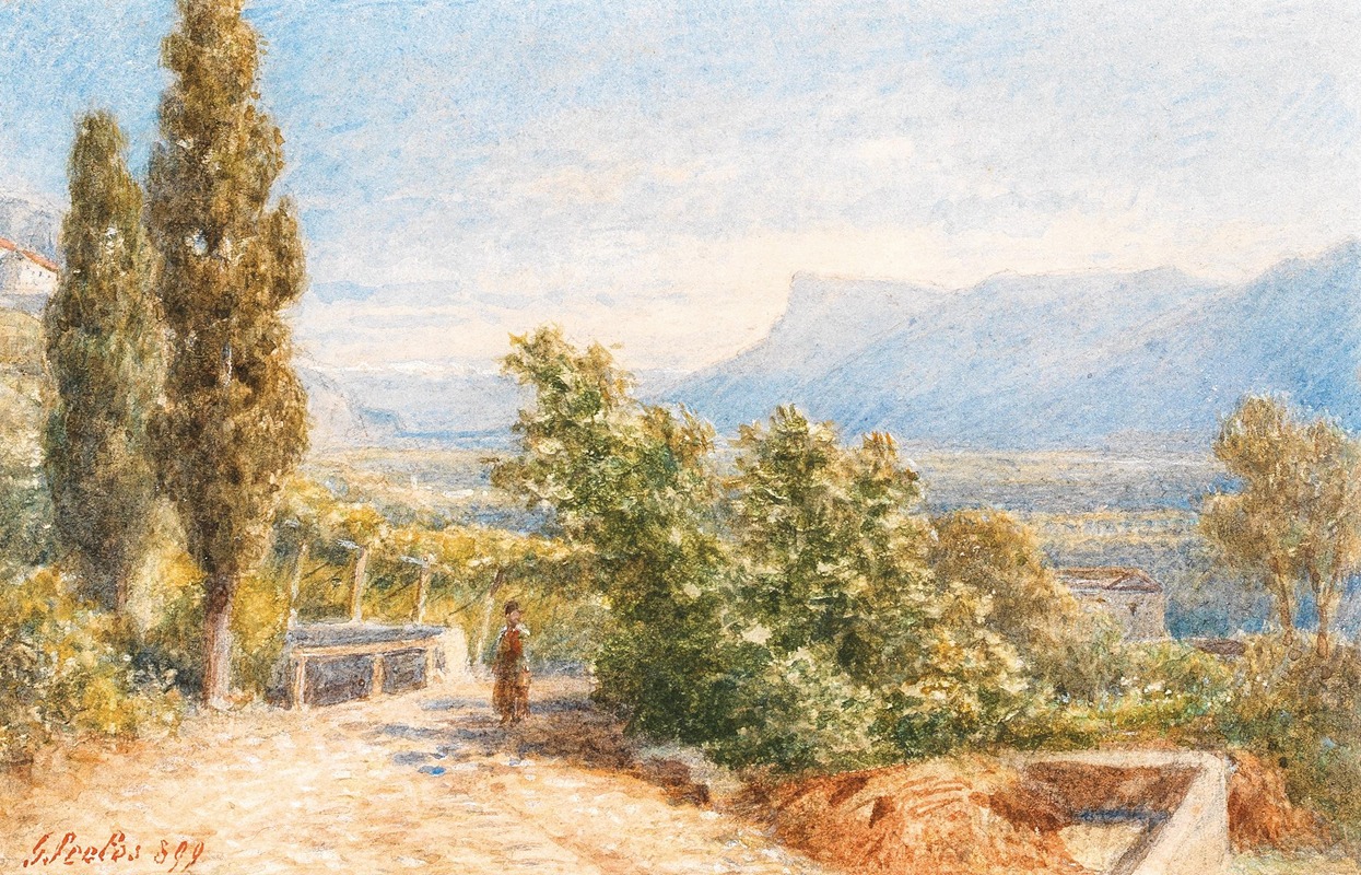 Gottfried Seelos - Landscape in the South Tyrol and figure staffage with Mendel mountain in the background