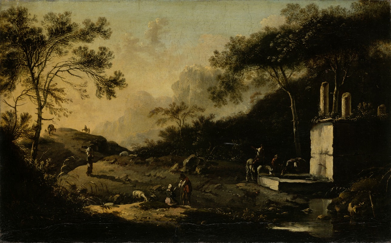 Hans de Jode - Italian Mountain Landscape with Travelers at a Well