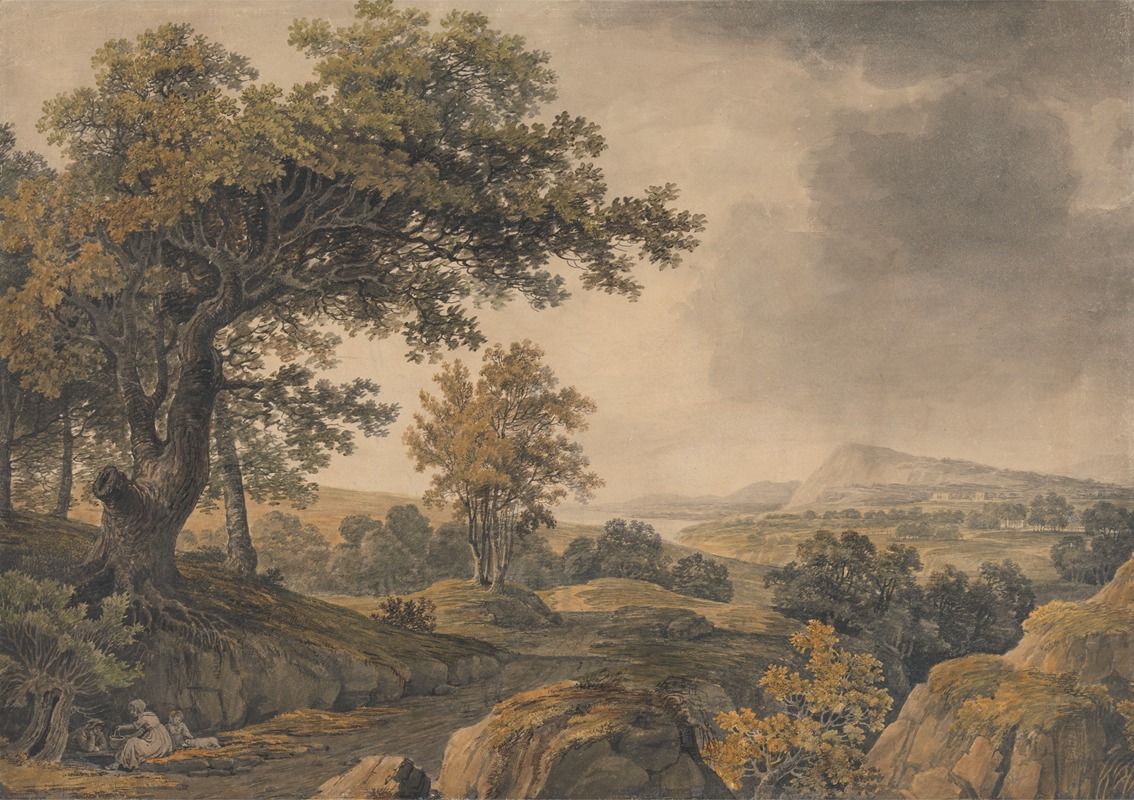 James Baynes - Extensive wooded landscape with figures in foreground left