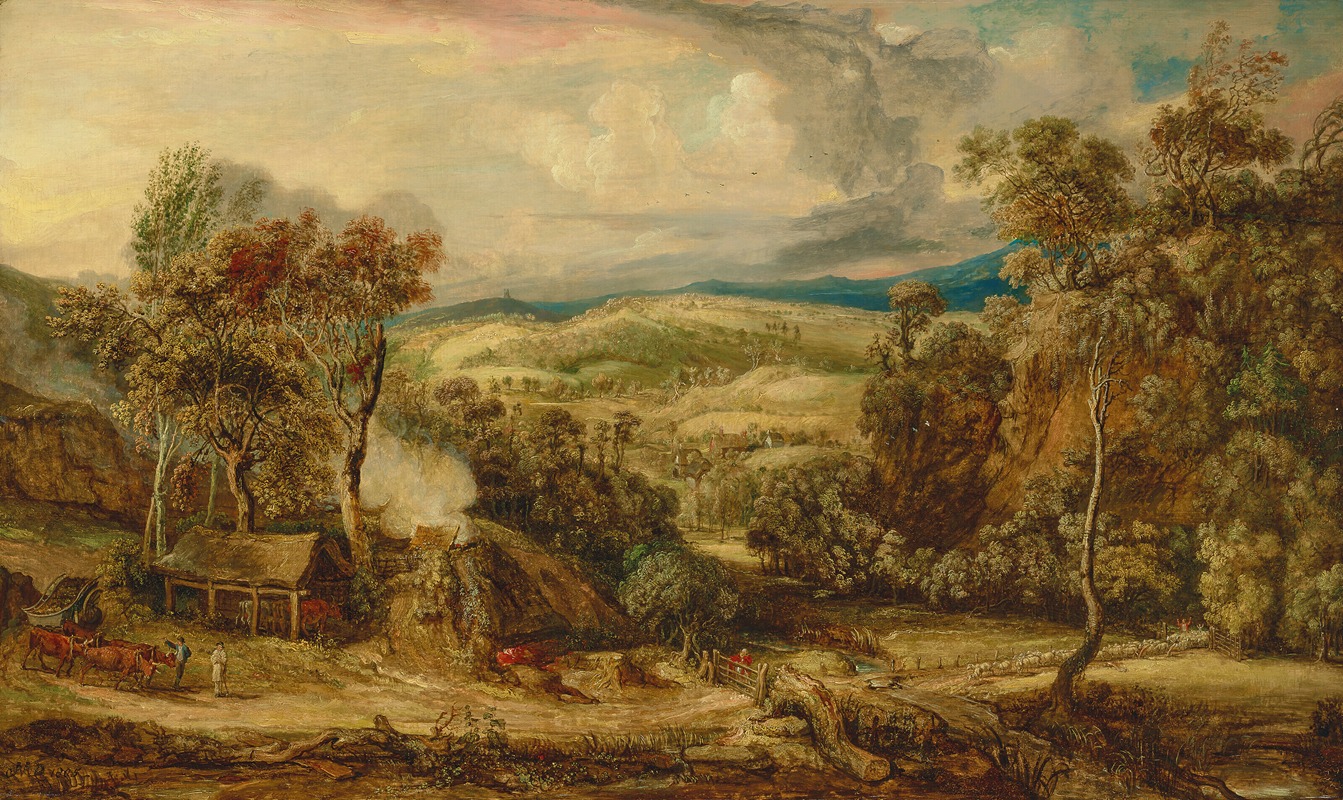 James Ward - Fitzhead in Somerset, with an ox-cart near a lime kiln, and Glastonbury Tor in the distance