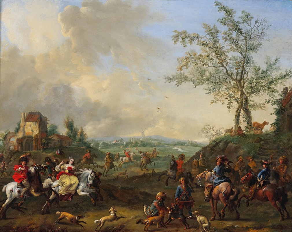 Jan Frans van Bredael - Elegant riders in a hunting scene with falcons