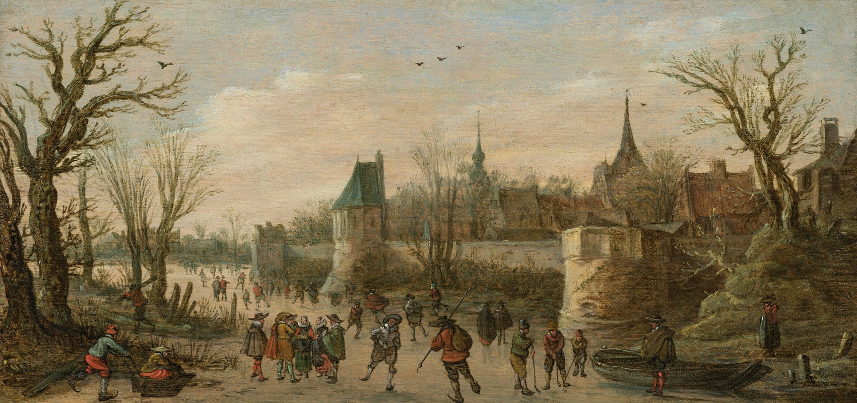Jan van Goyen - A winter landscape with townspeople ice skating before a fortified town