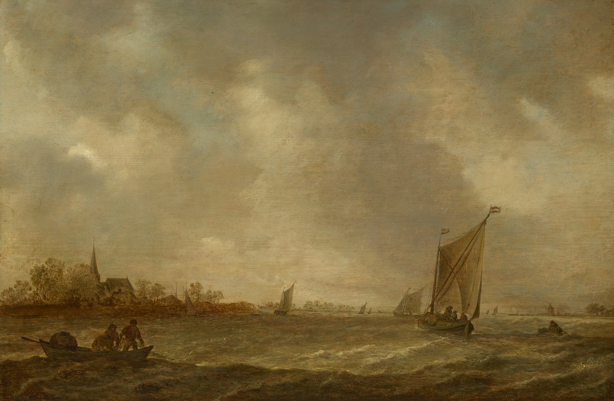 Jan van Goyen - An estuary with fisherman and shipping and a church to the left
