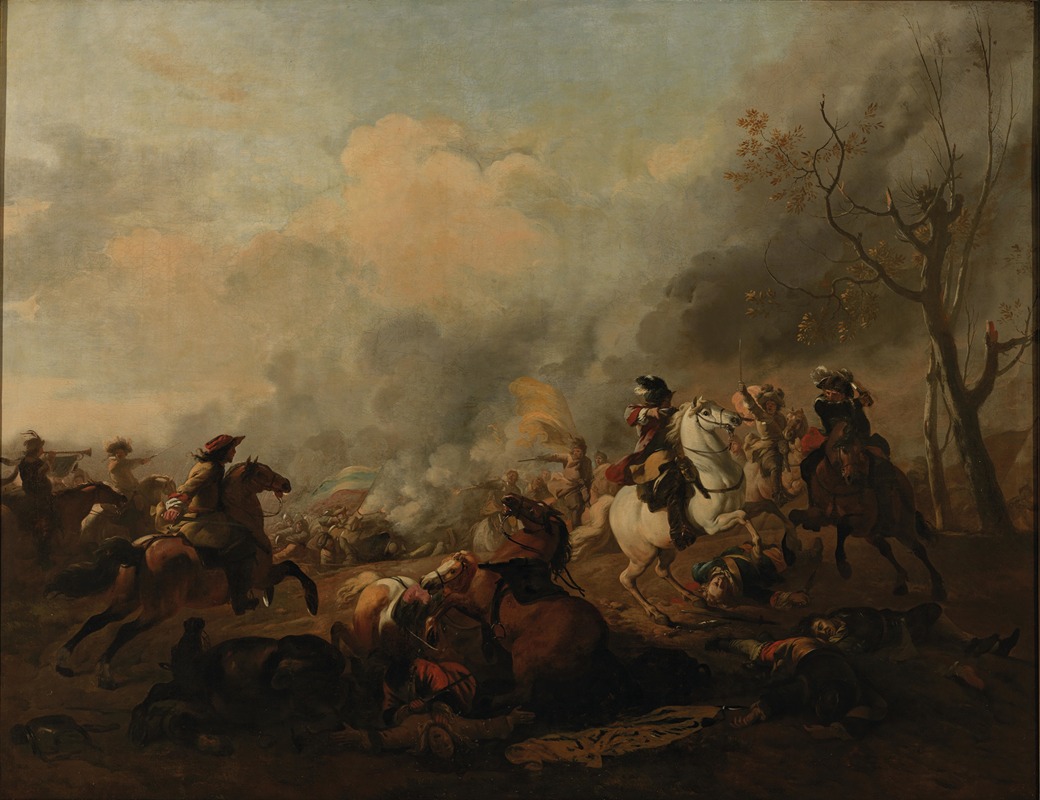 Jan van Huchtenburg - A cavalry skirmish in a landscape