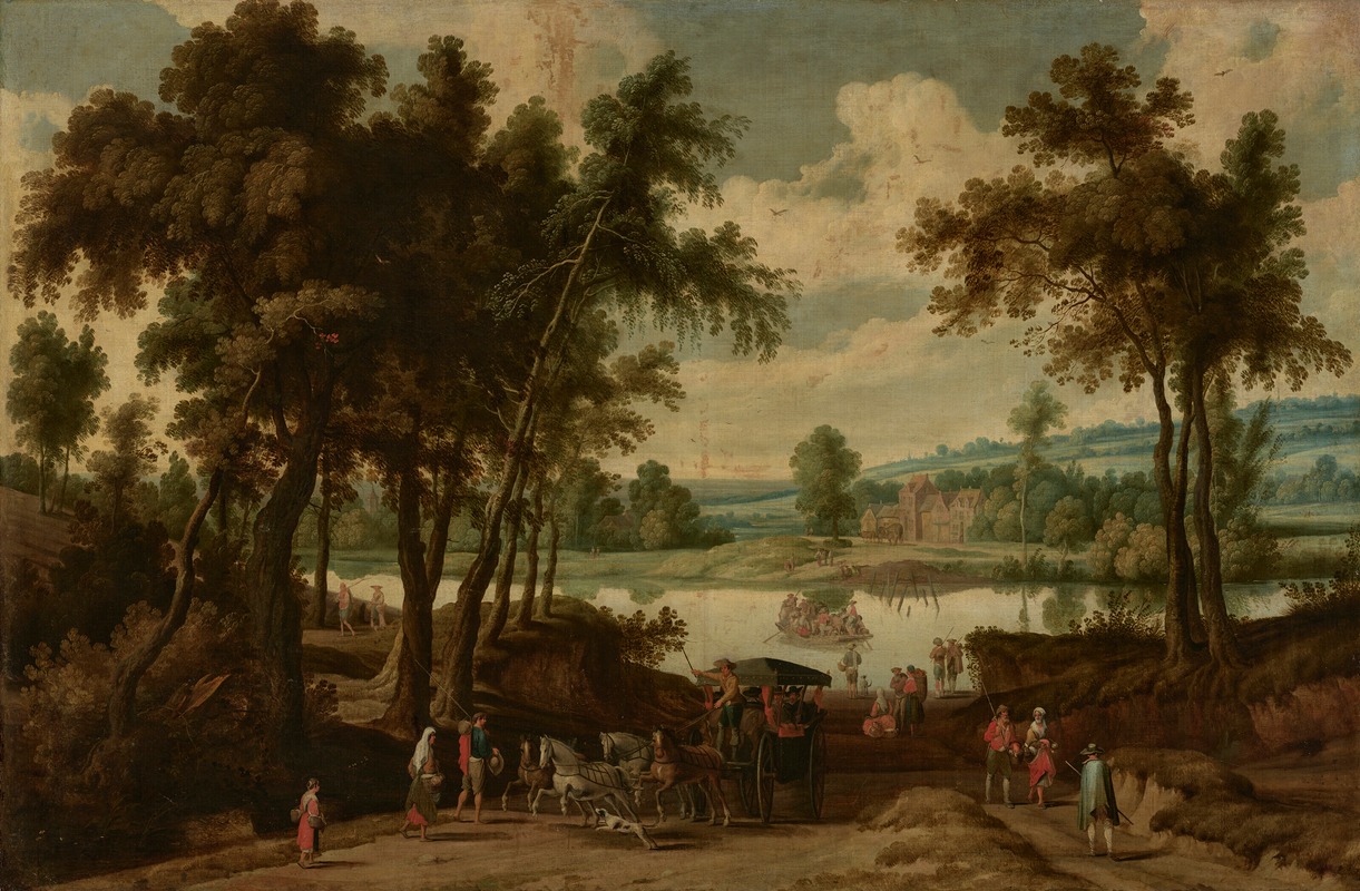 Jan Wildens - River landscape with a carriage transporting passengers and a ferry crossing