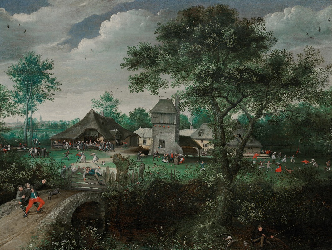 Lucas van Valckenborch - A landscape with a peasant wedding and a village festival, Antwerp beyond