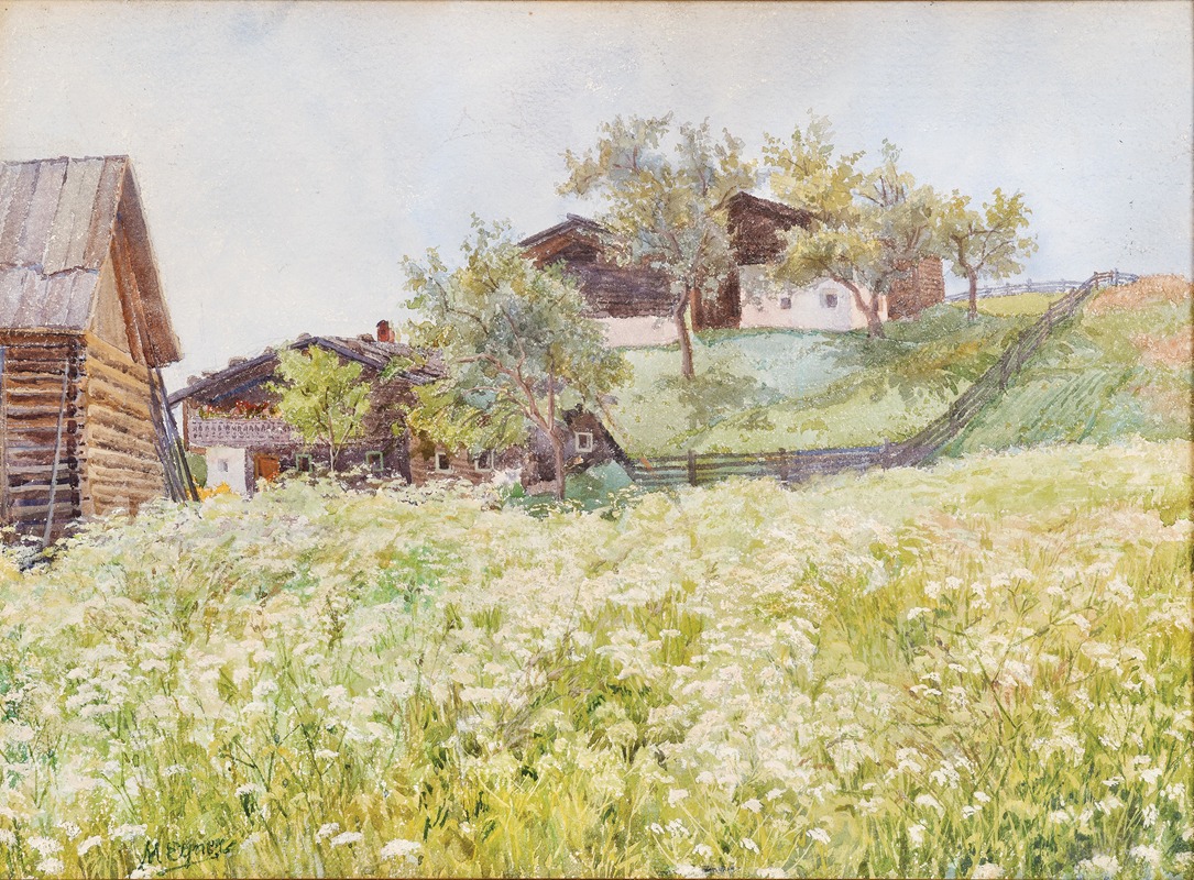 Marie Egner - Farm houses, a white blooming field in front of it