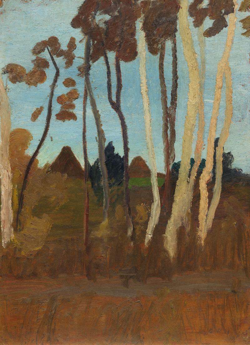 Paula Modersohn-Becker - Landschaft mit Birken, im Hintergrund zwei Hausgiebel