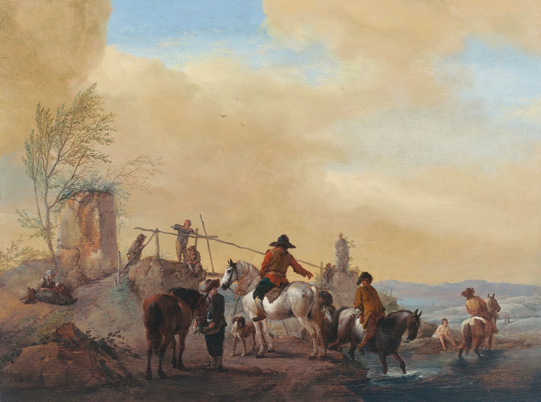 Philips Wouwerman - Riders and horses resting by a river