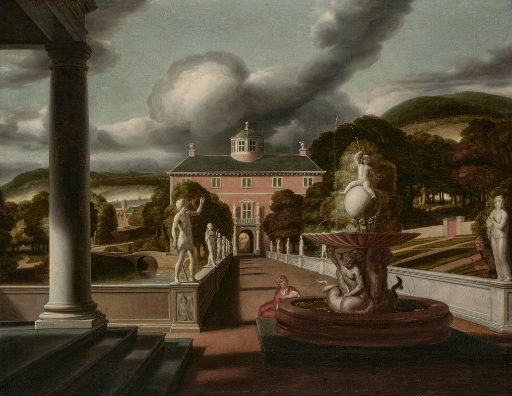 Samuel van Hoogstraten - A view from a villa, with a woman seated at a fountain and an avenue of statues