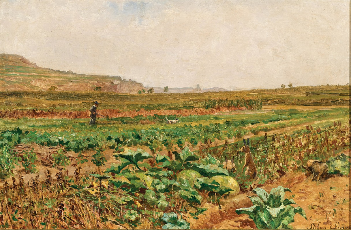 Stefan Simony - A Vegetable Field with a Hare and a Hunter in the Background
