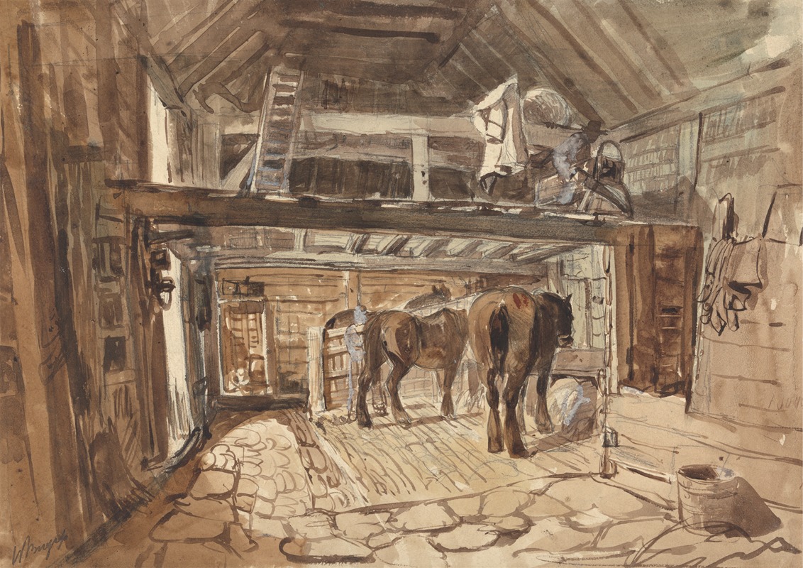 William Burgess - Interior of a Stable, with Tow Horses Feeding