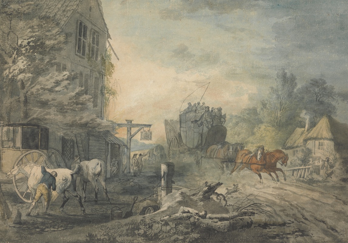 Charles Robertson - A Stagecoach and Four Dashing Through a Village on the Bath-London Road