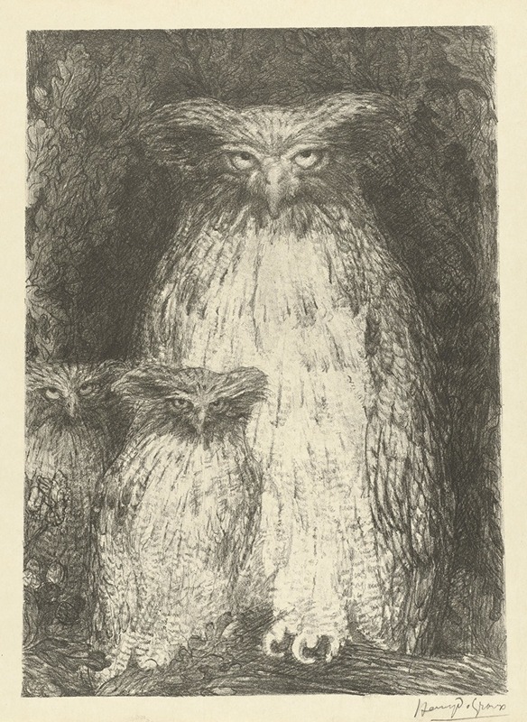 Henri de Groux - Owl with two owlets sitting on branch