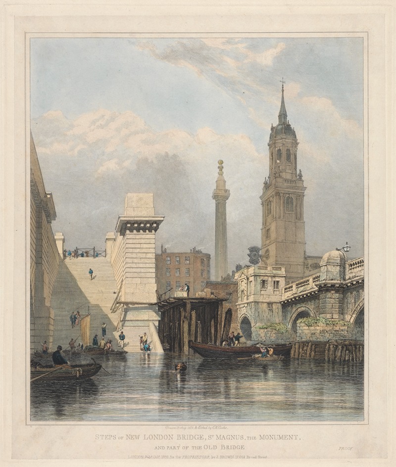 Edward William Cooke - Steps of New London Bridge, St. Magnus, the Monument and Part of Old Bridge
