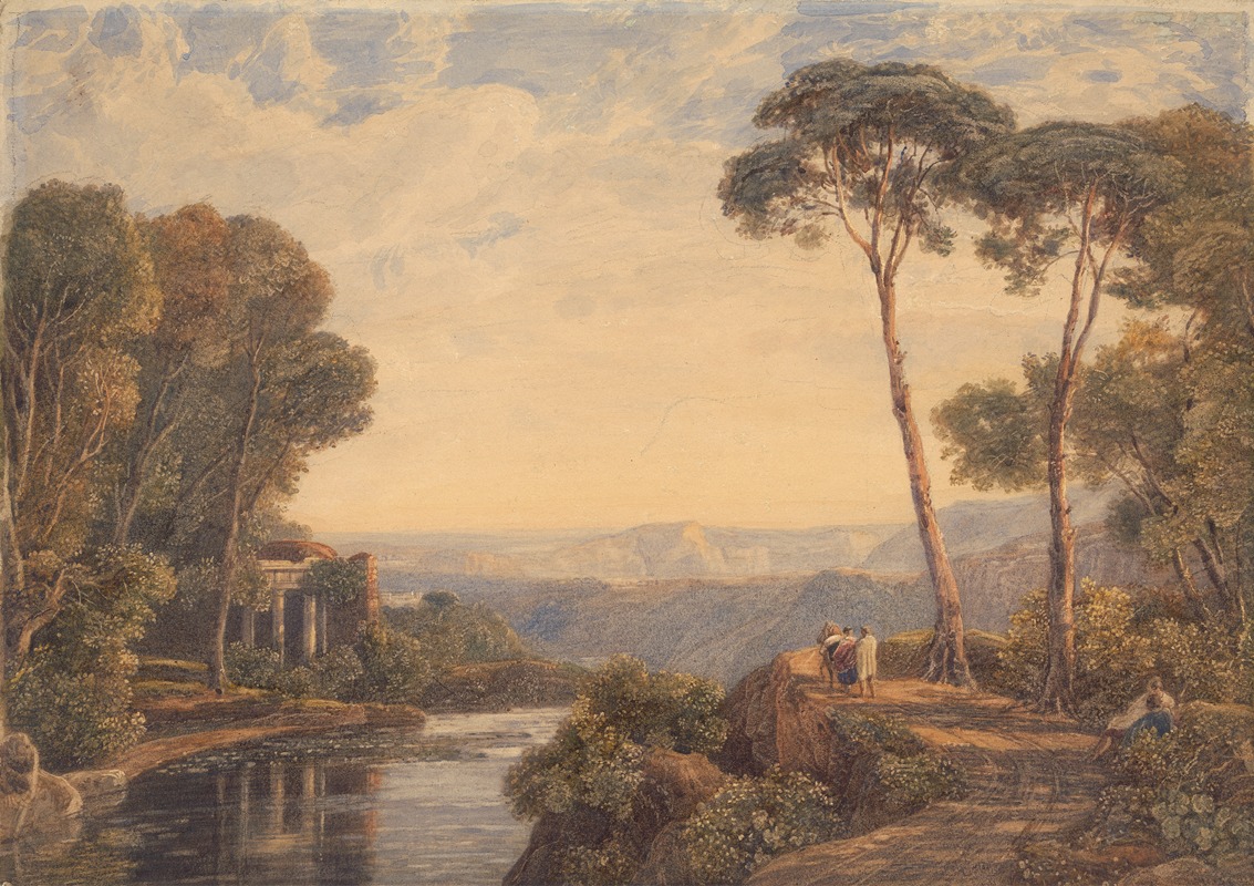 Francis Oliver Finch - Landscape with a Temple and Figures by a River