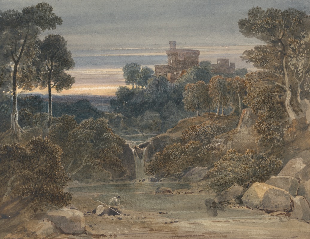 Francis Oliver Finch - Landscape with Castle, Waterfall and Stream in Foreground