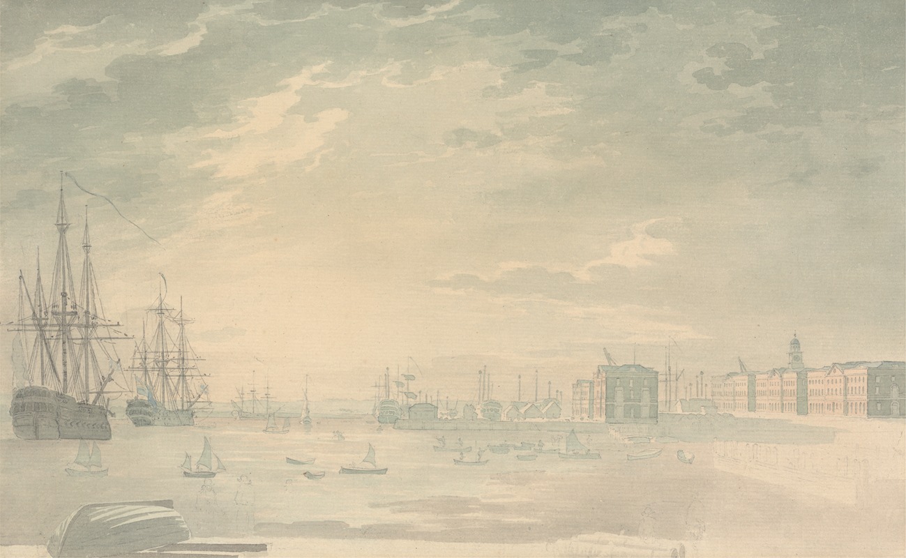 George Bulteel Fisher - View of Portsmouth Harbor with Shipping, Showing Buildings on Shore