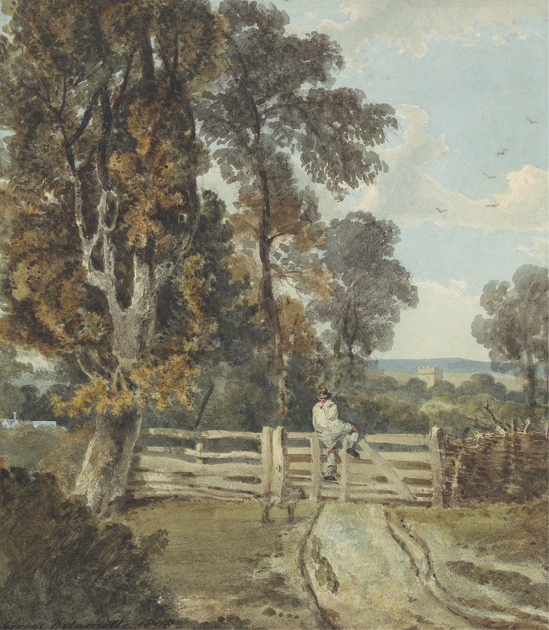 George Delamotte - A Country Lane with a Farm Labourer Climbing a Five-bar Gate