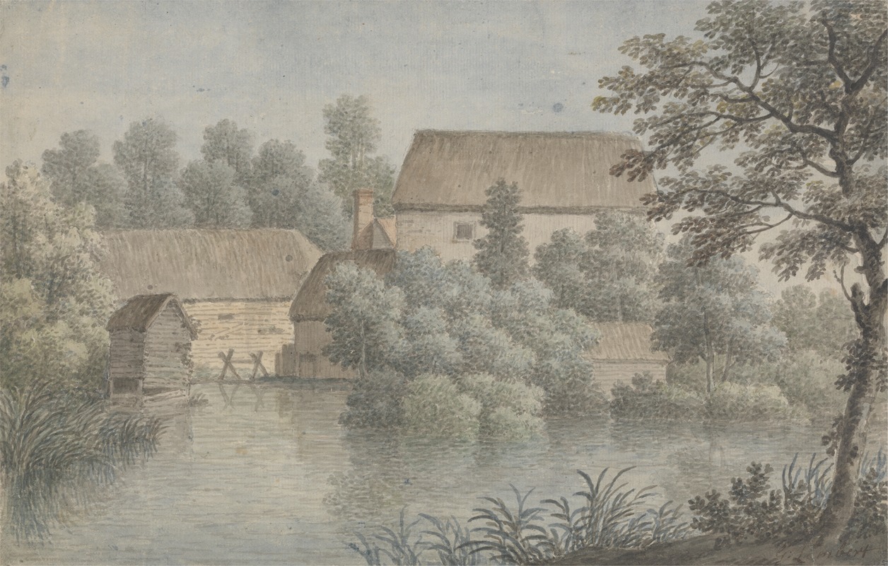 George Lambert - A Village Pond with Farm Buildings