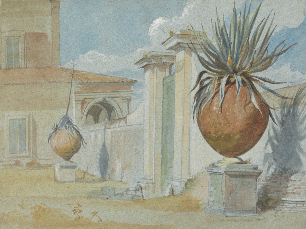 Harry John Johnson - Villa Massimi, Rome: Gateway Flanked by Palms in Large Earthware Jars