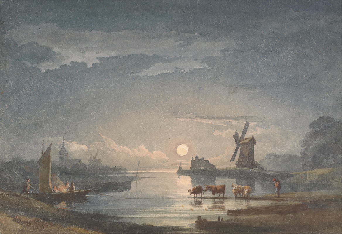 John Berney Crome - Moonlight on the River near Bruges